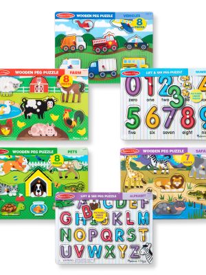 Wooden Peg Puzzle 6-Pack: Vehicles. Numbers. Safari. Farm. Pets. Alphabet