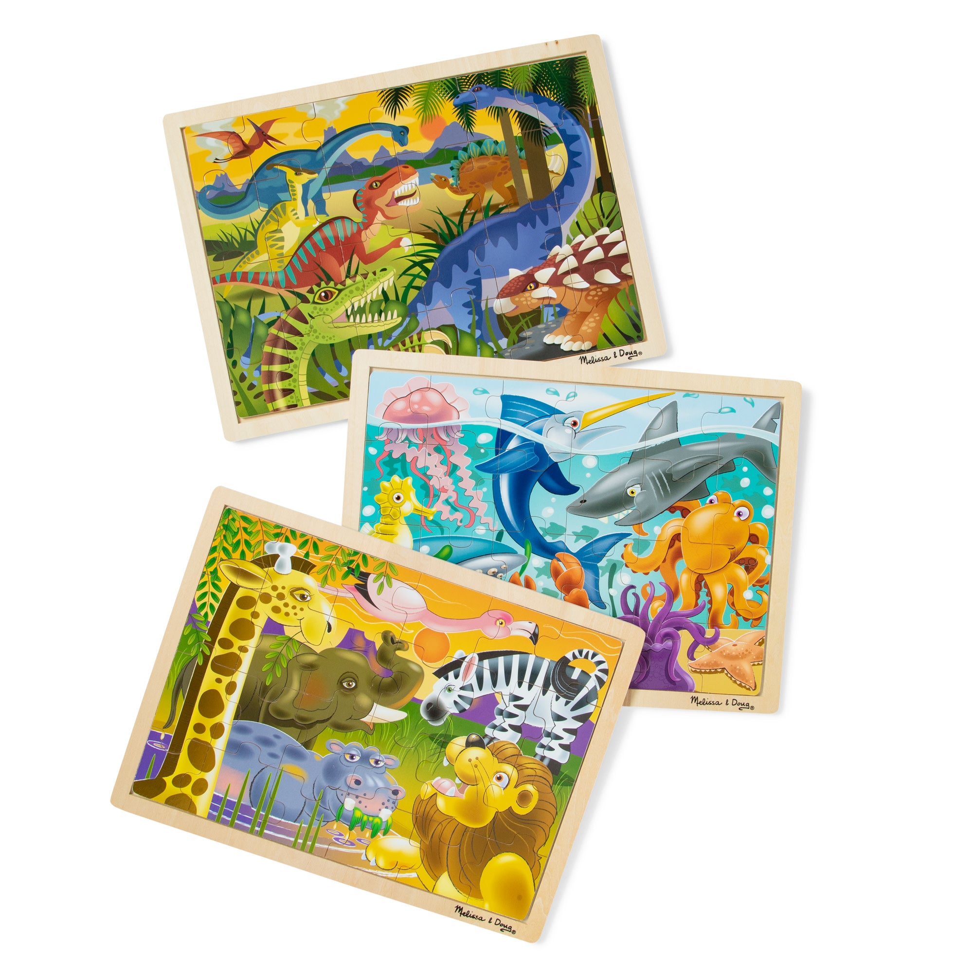 Wooden Jigsaw Puzzle 3-Pack: Dinosaur. African Plains. Under the Sea